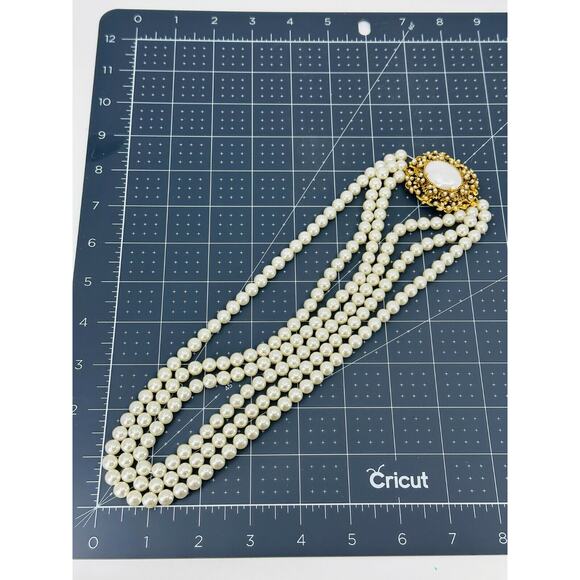 VTG Florenza Necklace Faux Pearl Cabochon Clasp Three Strand 8mm Estate Jewelry - Picture 7 of 14